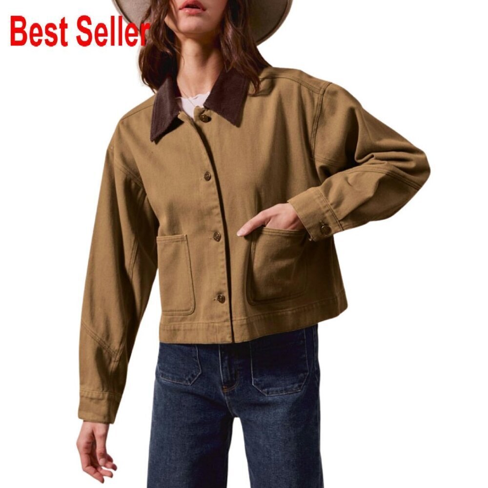 Cropped Barn Jacket Corduroy Collar Button Down Vintage Work Outerwear Chic